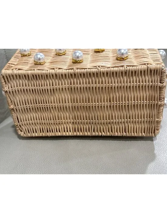 BTB Los Angeles Chloe Pearl Beaded Top-Handle Box Bag Handbag Raffia Tote Purse - Picture 8 of 14